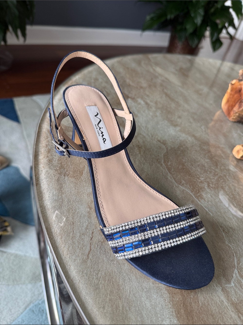 Nina Navy Blue Beaded Open-Toe Slingback Sandal